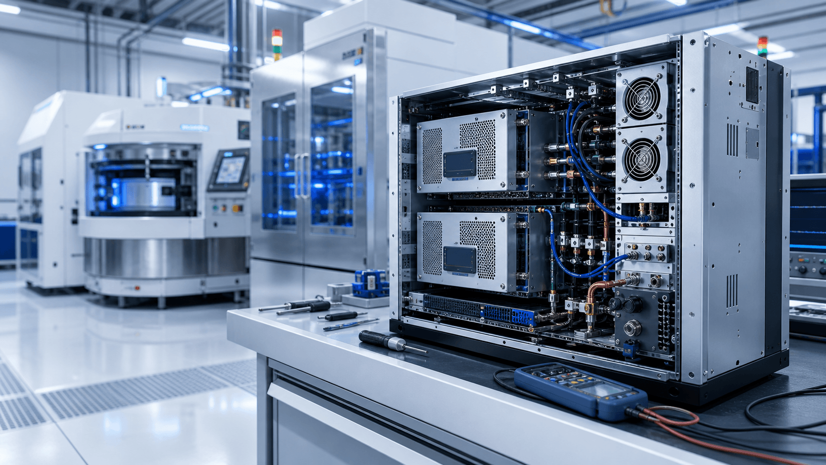 Clean industrial electronics service bench with RF power electronics and test instruments